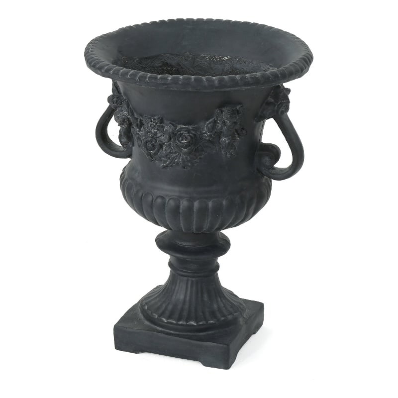 Urn Planter on Pedestal- Cherubs- Carved Antique Black Concrete 24 Inch