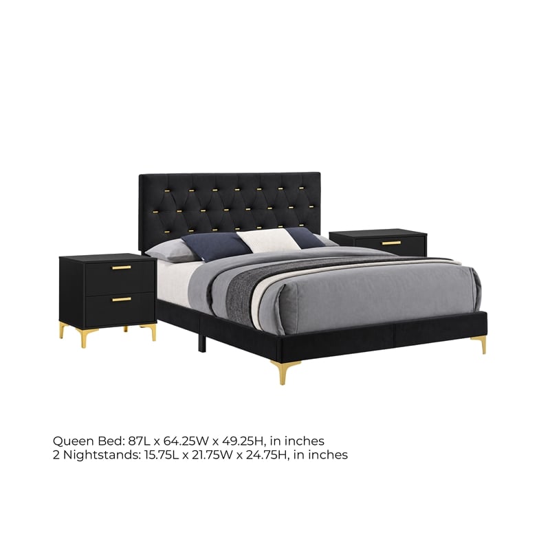 Queen Bedroom Set- Black and Gold- 3 Piece Set with 2 Nightstands