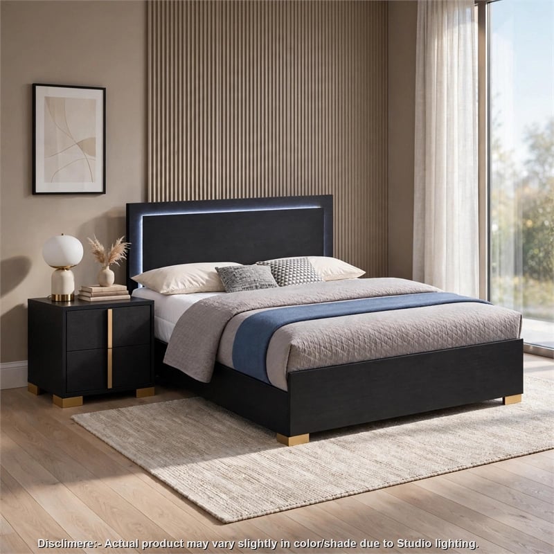 Queen Bedroom Set- Black and Gold- 2 Piece Set with Nightstand