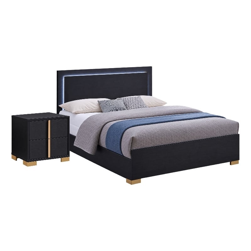 Queen Bedroom Set- Black and Gold- 2 Piece Set with Nightstand