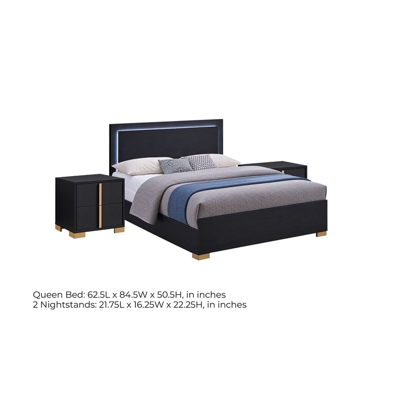 Queen Bedroom Set- Black and Gold- 3 Piece Set with 2 Nightstands