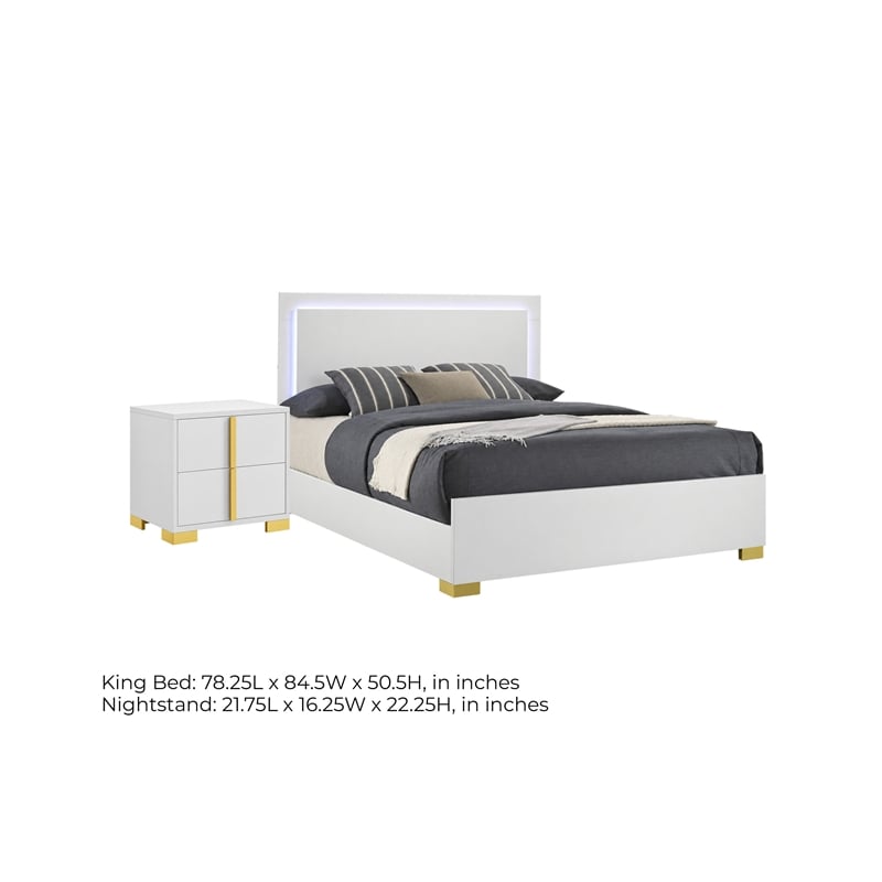 King Bedroom Set- White and Gold- 2 Piece Set with Nightstand