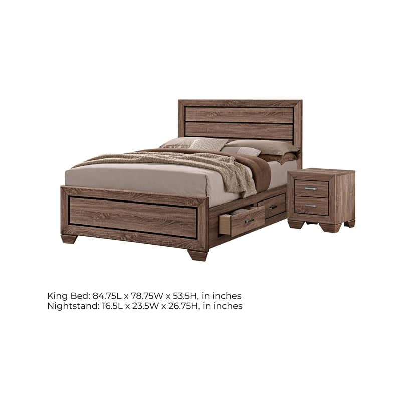 King Bedroom Set- Storage Brown- 2 Piece Set with Nightstand