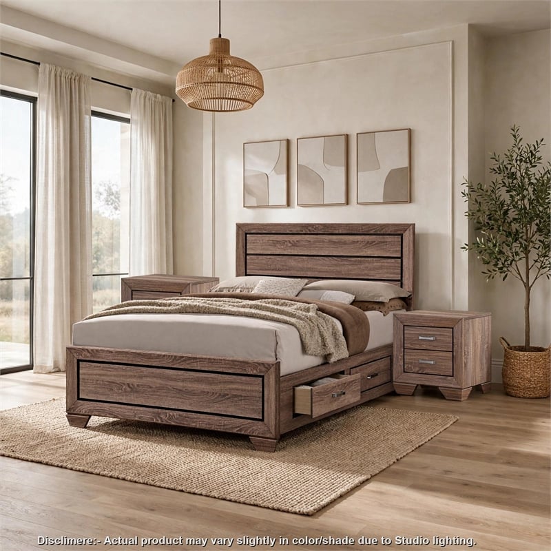 King Bedroom Set- Storage Brown- 3 Piece Set with 2 Nightstands