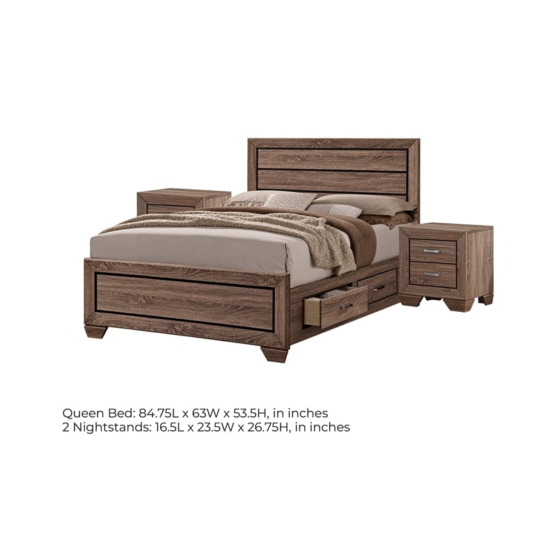 Queen Bedroom Set- Brown- 3 Piece Set with 2 Nightstands