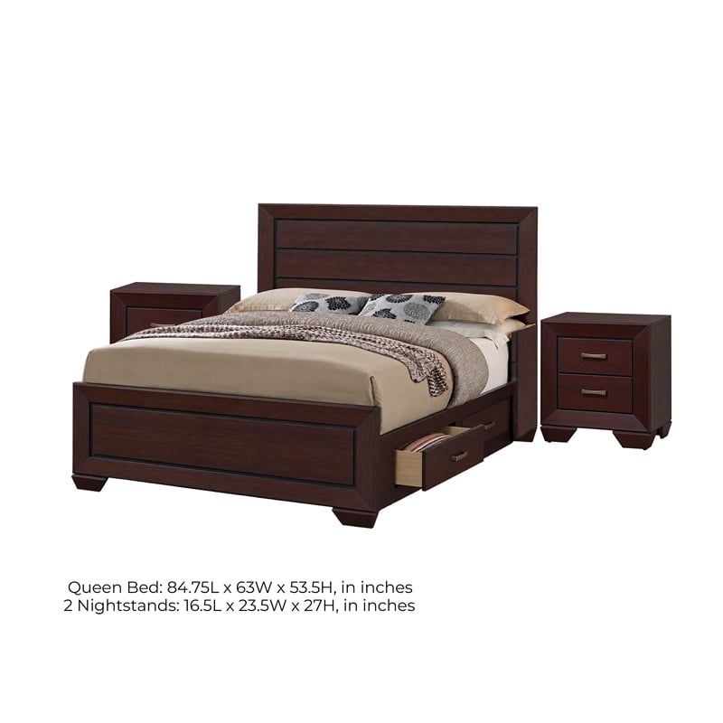 Queen Bedroom Set- Brown- 3 Piece Set with 2 Nightstands