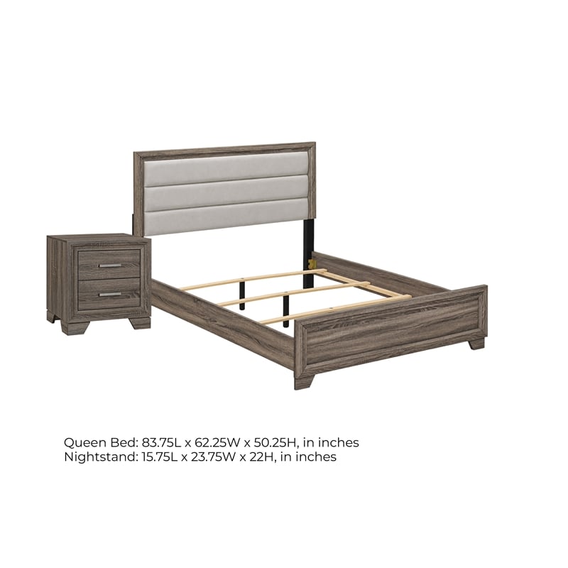 Queen Bedroom Set- Oak Brown- Silver- 2 Piece Set with Nightstand