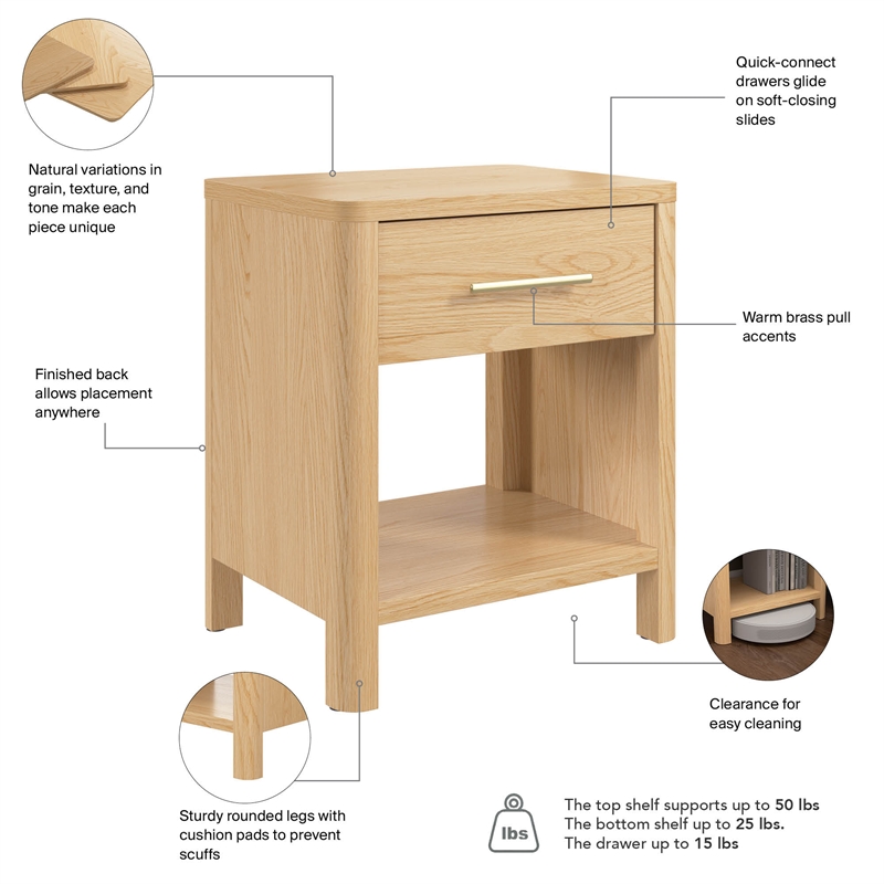 Bush Home Vera Nightstand with Drawer - Premium Wood Materials