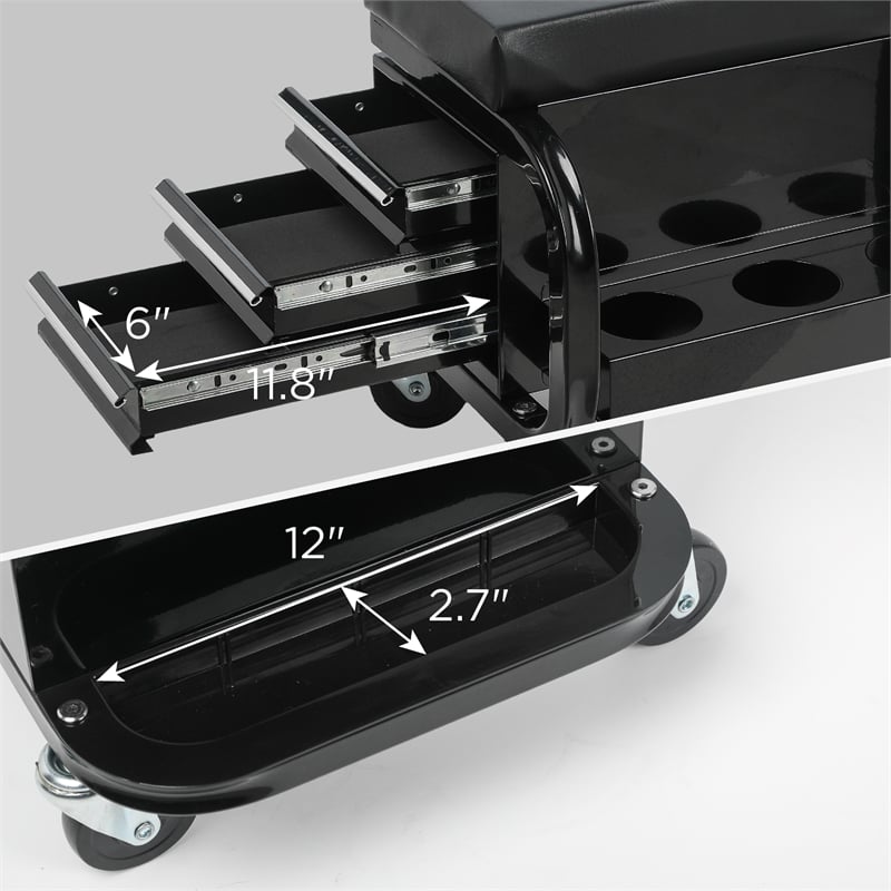 Auro Nest Home Rolling Creeper Garage/Shop Seat with 3 Drawers in Black