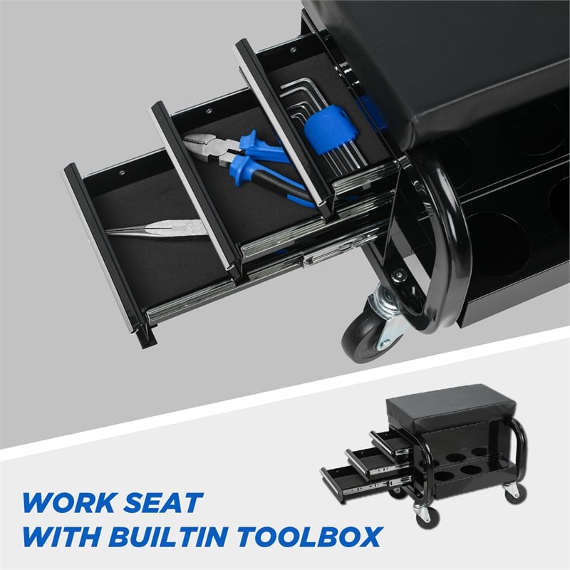 Auro Nest Home Rolling Creeper Garage/Shop Seat with 3 Drawers in Black