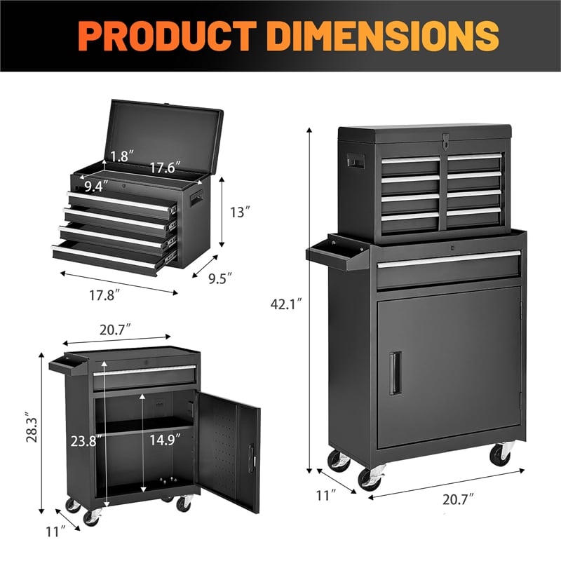 Auro Nest Home Tool Chest 5-Drawer Rolling Tool Storage Cabinet in Black