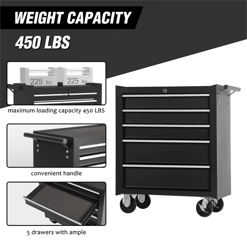 Auro Nest Home 5-Drawer Rolling Tool Chest w/Lock & Key in Black