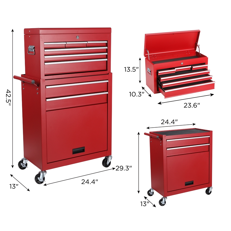 Auro Nest Home Tool Chest 8-Drawer Rolling Tool Storage Cabinet in Red