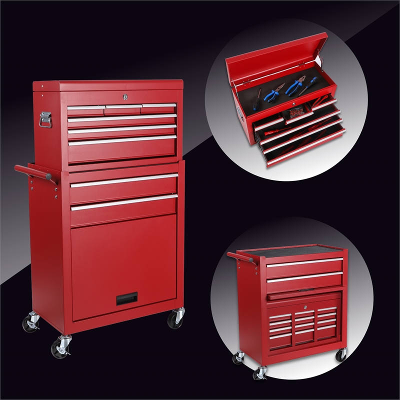 Auro Nest Home Tool Chest 8-Drawer Rolling Tool Storage Cabinet in Red