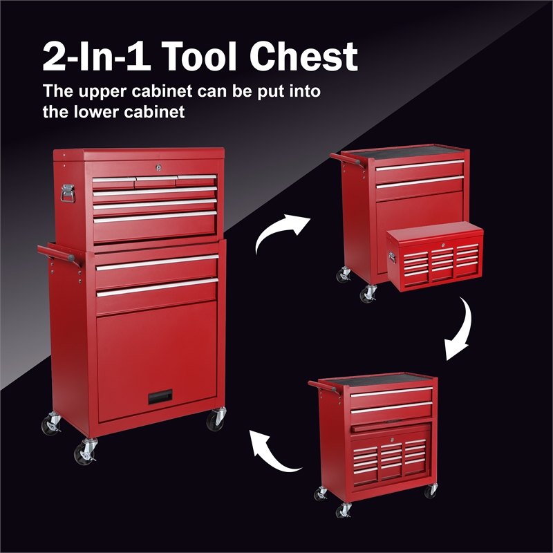 Auro Nest Home Tool Chest 8-Drawer Rolling Tool Storage Cabinet in Red