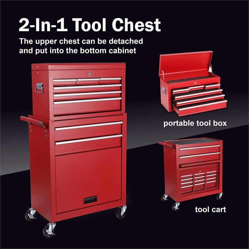 Auro Nest Home Tool Chest 8-Drawer Rolling Tool Storage Cabinet in Red