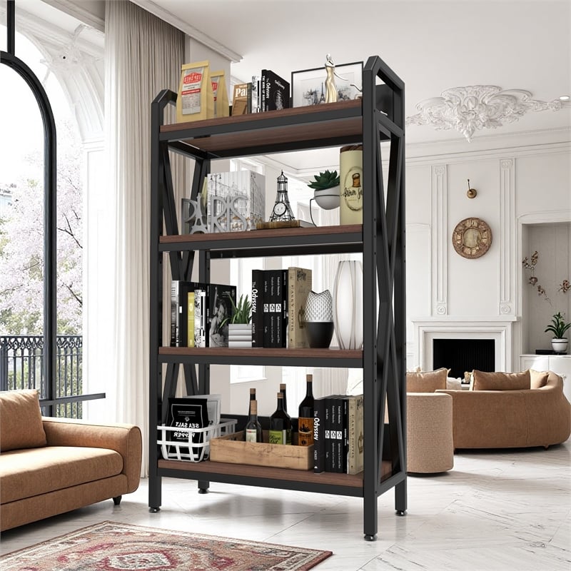56.30'' 4-Level Storage Shelves Metal and Wooden Bakers Rack in Black