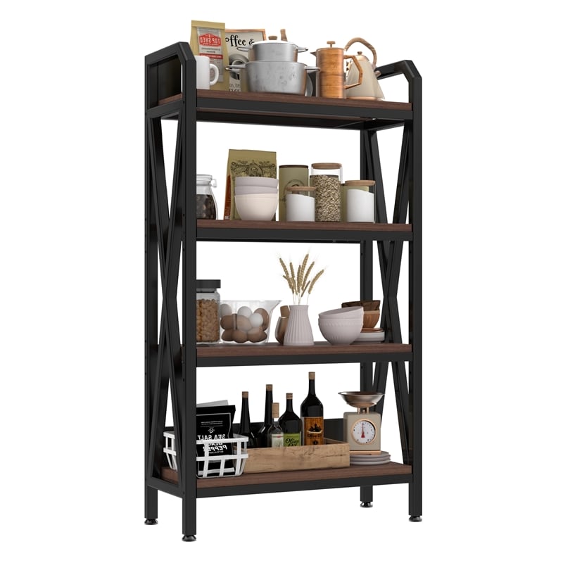 56.30'' 4-Level Storage Shelves Metal and Wooden Bakers Rack in Black