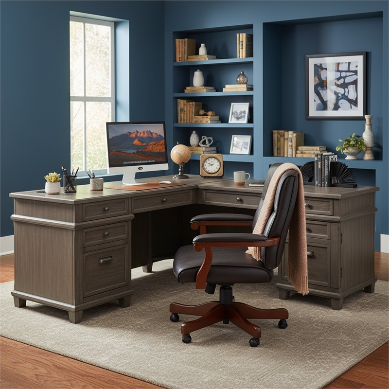 Ashford & Sons Wood L-Desk & Return Writing Table Office Desk in Weathered Dove