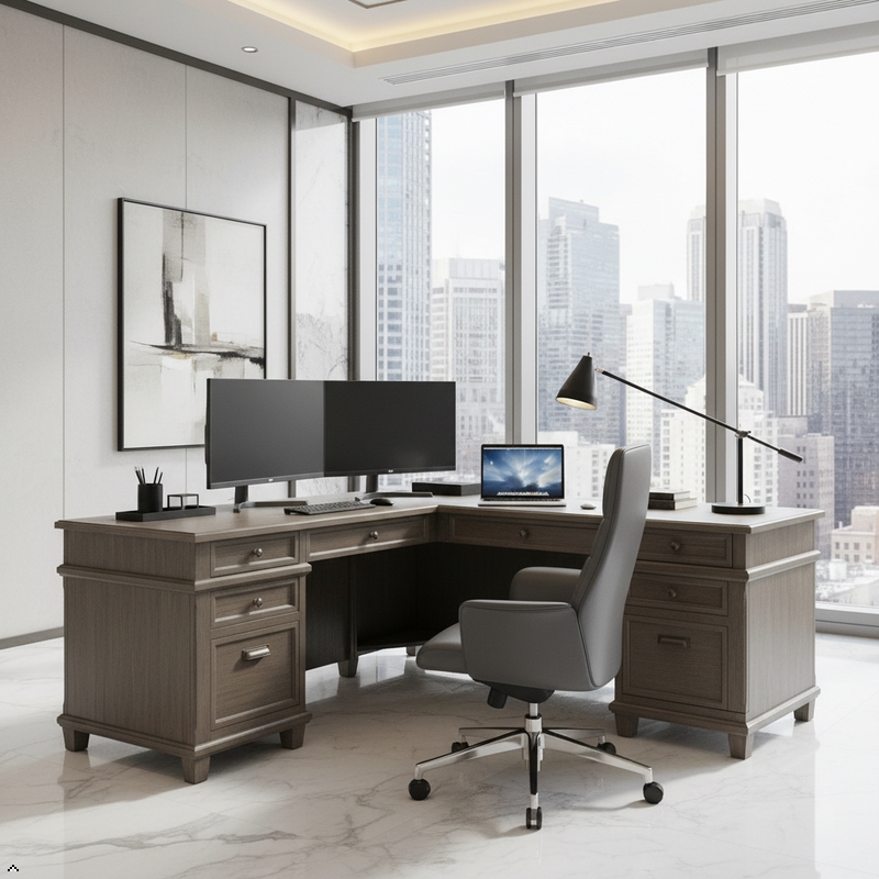 Ashford & Sons Wood L-Desk & Return Writing Table Office Desk in Weathered Dove