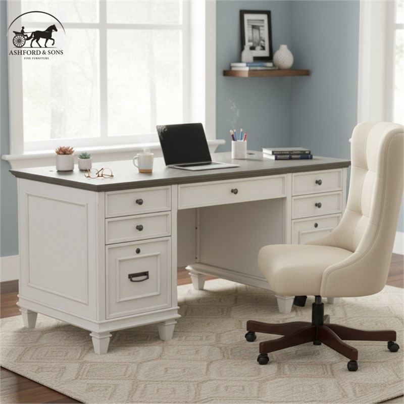 Ashford & Sons Double Pedestal Letter/Legal File Drawers Executive Desk in White