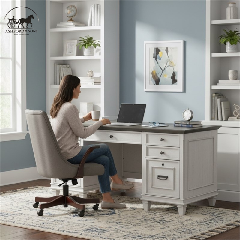 Ashford & Sons Double Pedestal Letter/Legal File Drawers Executive Desk in White