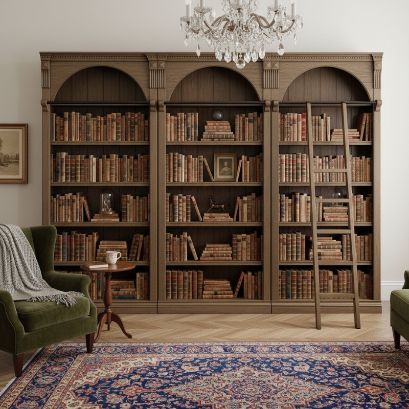 Ashford & Sons Traditional 8' Tall Brown Wood Office Bookcase Wall With Ladder