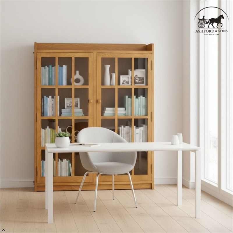 Ashford & Sons Traditional 2-Doors Wood Bookcase with 3 Shelves in Cherry