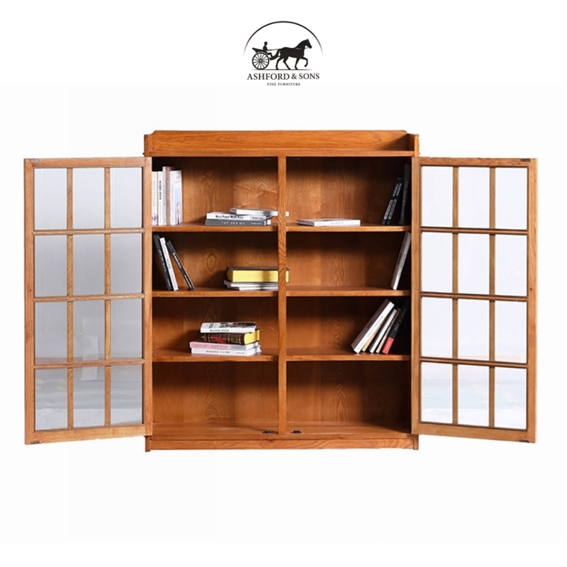 Ashford & Sons Traditional 2-Doors Wood Bookcase with 3 Shelves in Cherry