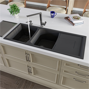 Black 46&quot Double Bowl Granite Composite Kitchen Sink with Drainboard