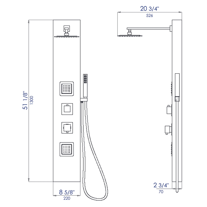 ALFI brand ABSP65B Black Shower Panel with 2 Body Sprays and Rain Shower Head