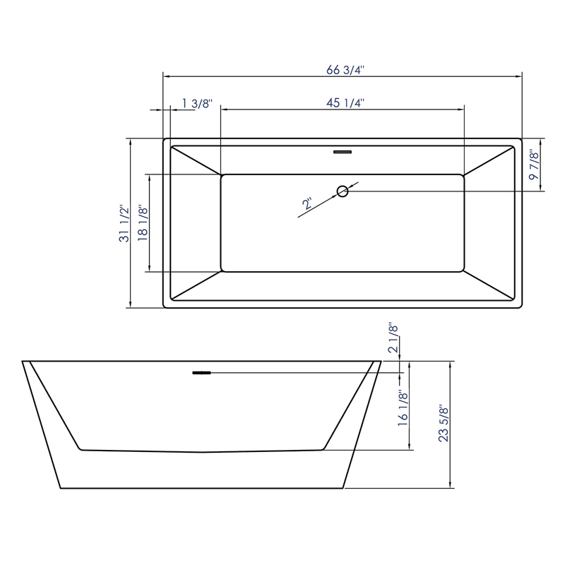 ALFI brand AB8832 67 inch White Acrylic Rectangular Free Standing Bathtub