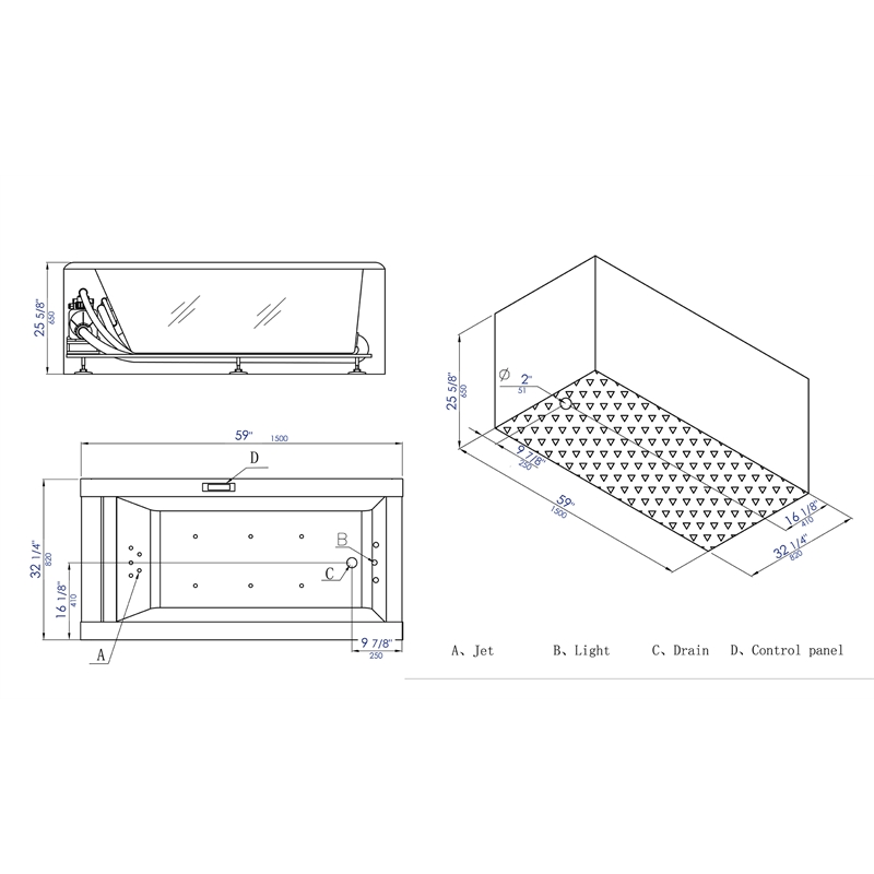 EAGO AM152ETL-5 5 ft Clear Rectangular White Acrylic Whirlpool Bathtub