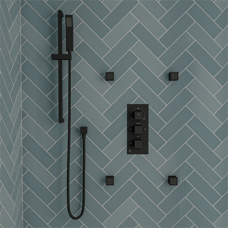 ALFI brand AB2801-BM Black 3-Way Thermostatic Valve Shower Mixer Square Knobs