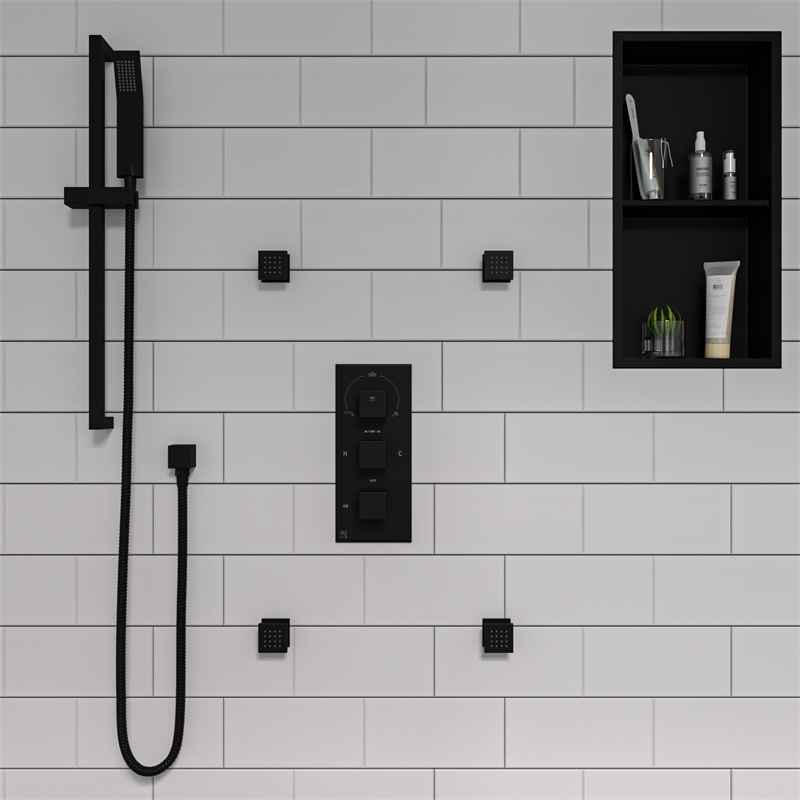 ALFI brand AB2801-BM Black 3-Way Thermostatic Valve Shower Mixer Square Knobs