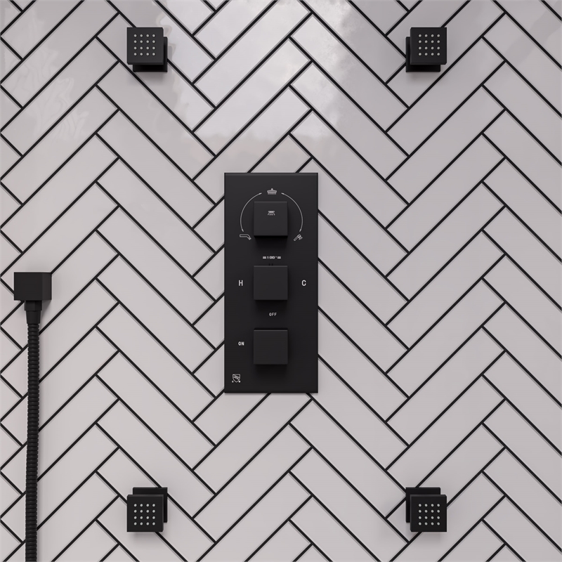 ALFI brand AB2801-BM Black 3-Way Thermostatic Valve Shower Mixer Square Knobs