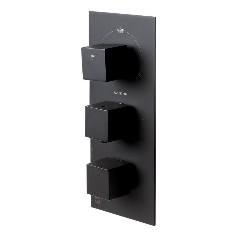 ALFI brand AB2801-BM Black 3-Way Thermostatic Valve Shower Mixer Square Knobs