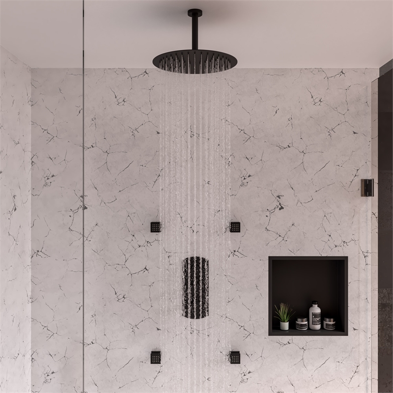 ALFI brand AB4001-BM Black 3-Way Thermostatic Valve Shower Mixer Round Knobs