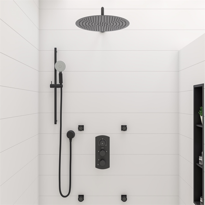 ALFI brand AB4001-BM Black 3-Way Thermostatic Valve Shower Mixer Round Knobs