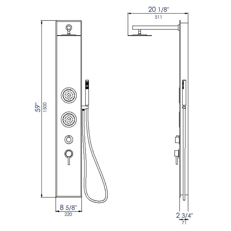 ALFI brand ABSP55B Black Shower Panel with 2 Body Sprays and Rain Shower Head