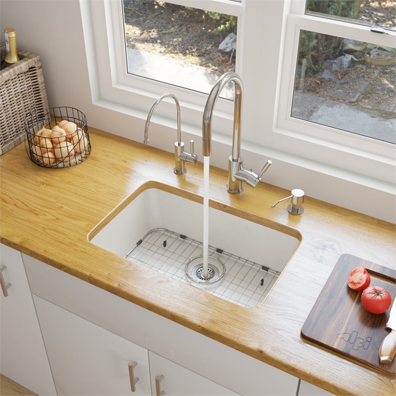 ALFI brand AB503UM-W 24 inch White Single Bowl Fireclay Undermount Kitchen Sink