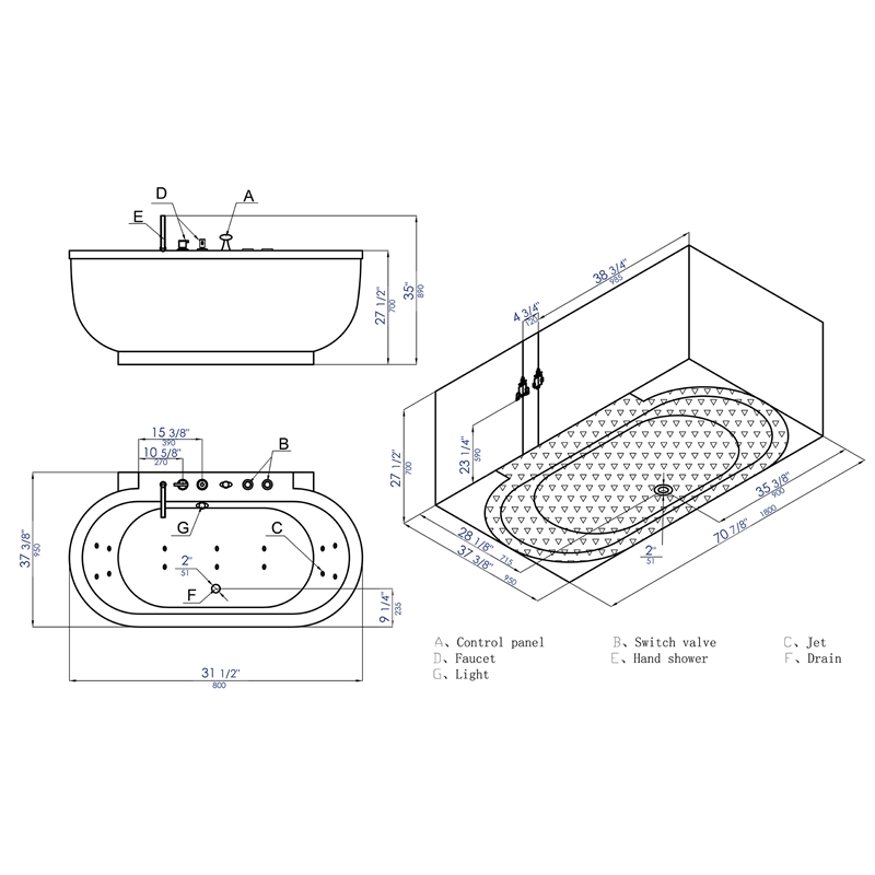 EAGO AM128ETL 6 ft Acrylic White Whirlpool Bathtub w Fixtures