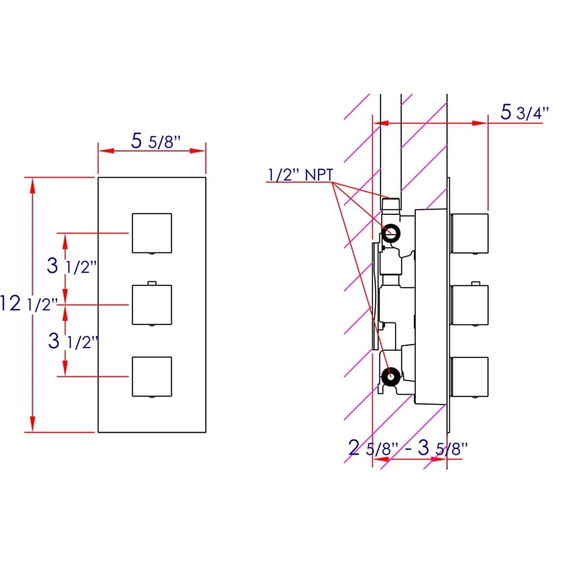 ALFI brand AB2901-BN 4-Way Thermostatic Valve Shower Mixer /w Square Knobs