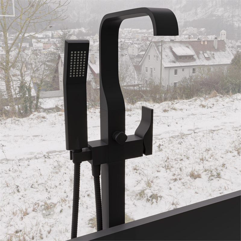 ALFI brand AB2180-BM Black Floor Mount Tub Filler Mixer w Hand Held Shower Head