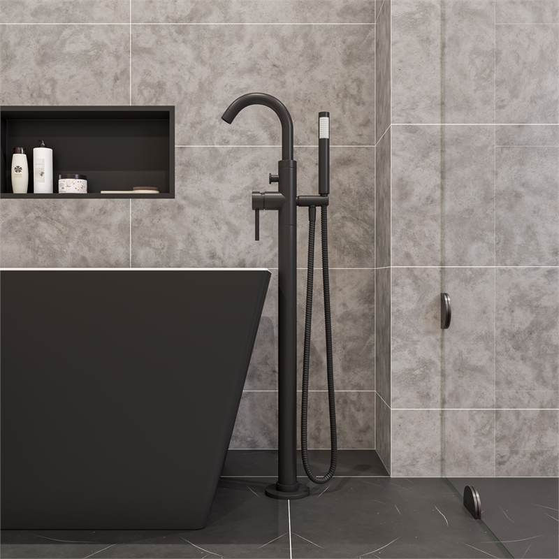 ALFI brand AB2534-BM Black Floor Mount Tub Filler Mixer w Hand Held Shower Head