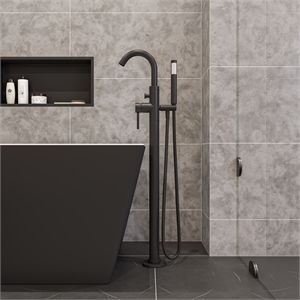 ALFI brand AB2534-BM Black Floor Mount Tub Filler Mixer w Hand Held Shower Head