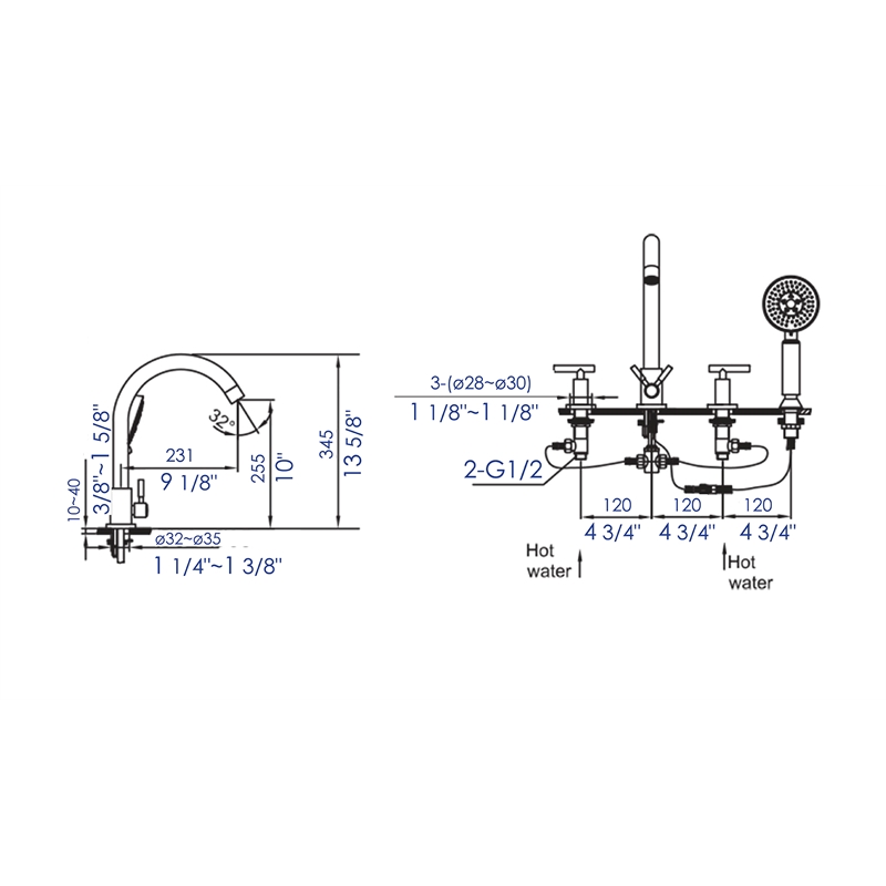 ALFI brand AB2503-BN Nickel Deck Mounted Tub Filler with Hand Held Showerhead