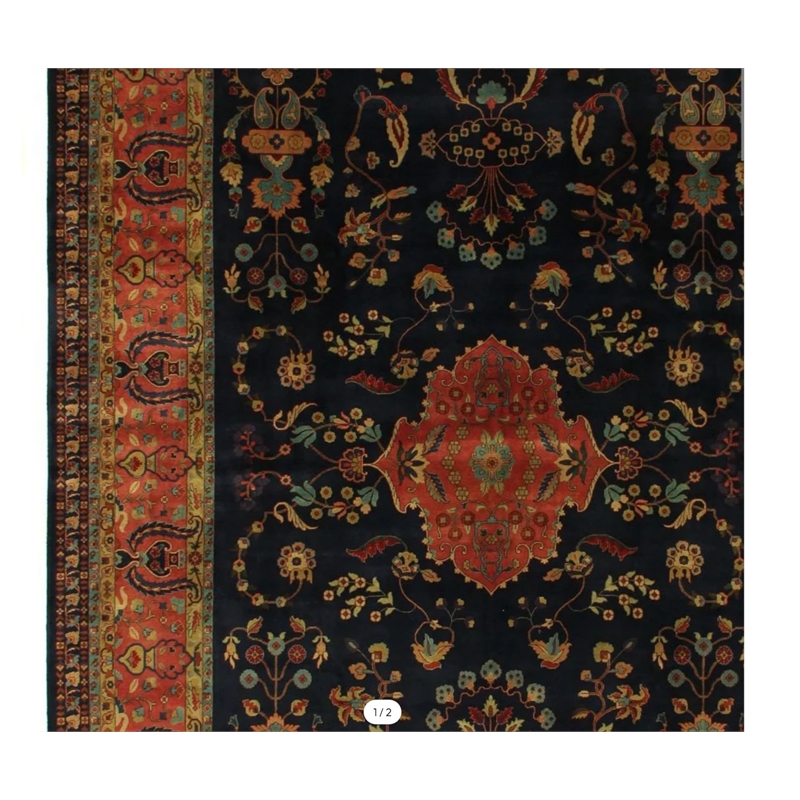 Antique Weave Sarouk Hand-Knotted New Zealand Wool Navy 8'x8' Round Area Rug