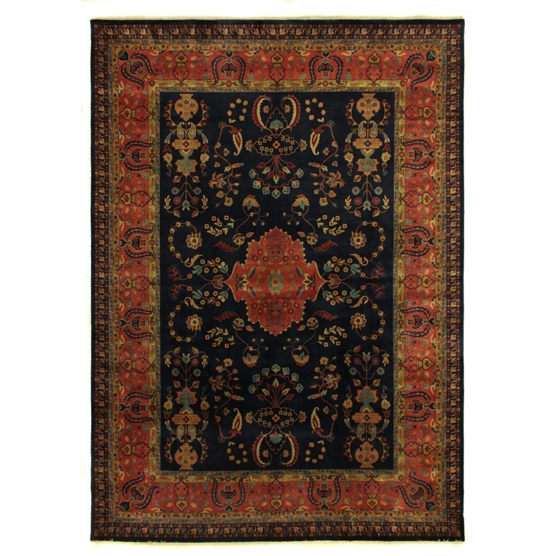 Antique Weave Sarouk Hand-Knotted New Zealand Wool Navy 8'x8' Round Area Rug