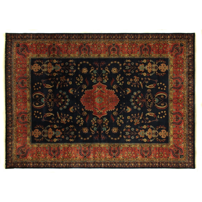 Antique Weave Sarouk Hand-Knotted New Zealand Wool Navy 8'x8' Round Area Rug